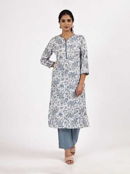 Blue & White Floral Printed Straight Kurta with Pants