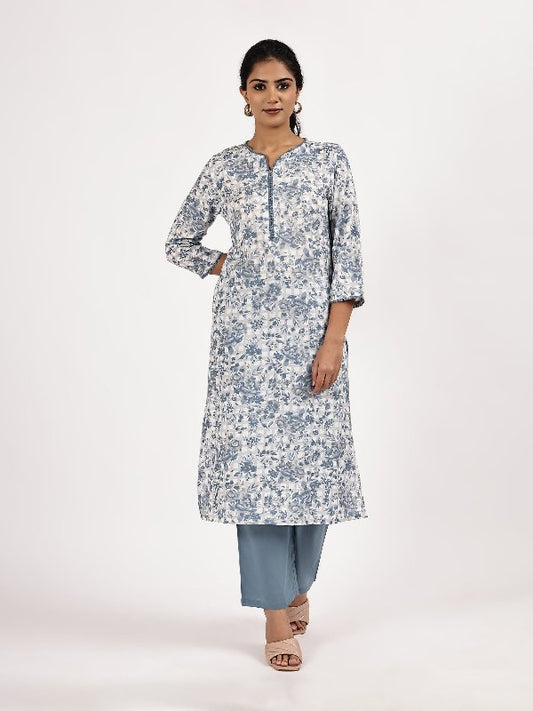 Blue & White Floral Printed Straight Kurta with Pants