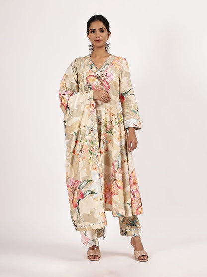Floral Printed Cambric Cotton Flairef Kurta Set with Matching Dupatta