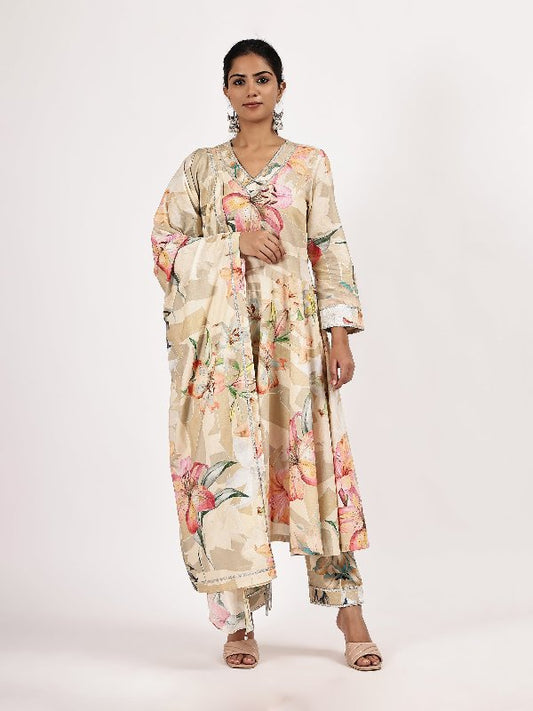 Floral Printed Cambric Cotton Flairef Kurta Set with Matching Dupatta