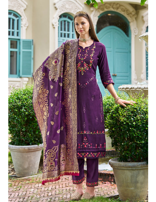 Purple straight embroidered Kurta along with Pants and Jacquard dupatta