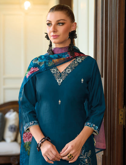 Peacock Blue straight embroidered Kurta along with Pants and printed organza dupatta