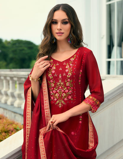 Red Printed Straight Kurta along with sharara and Silk Dupatta