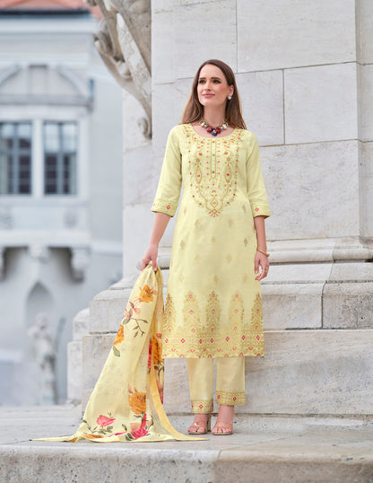 Cream White straight embroidered Kurta along with Pants and Silk Dupatta