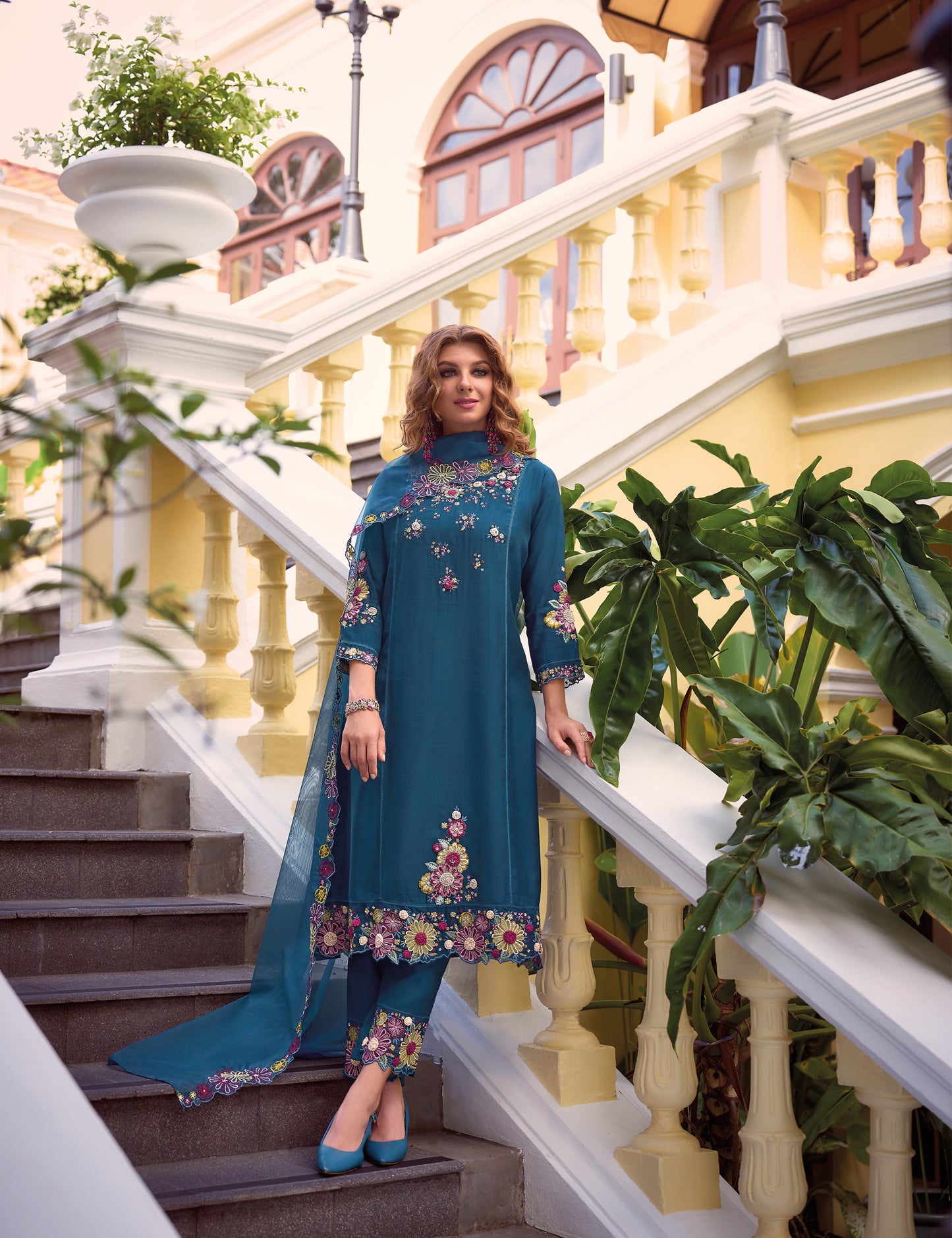 Peacock Blue straight embroidered Kurta along with Pants and embroidered organza dupatta