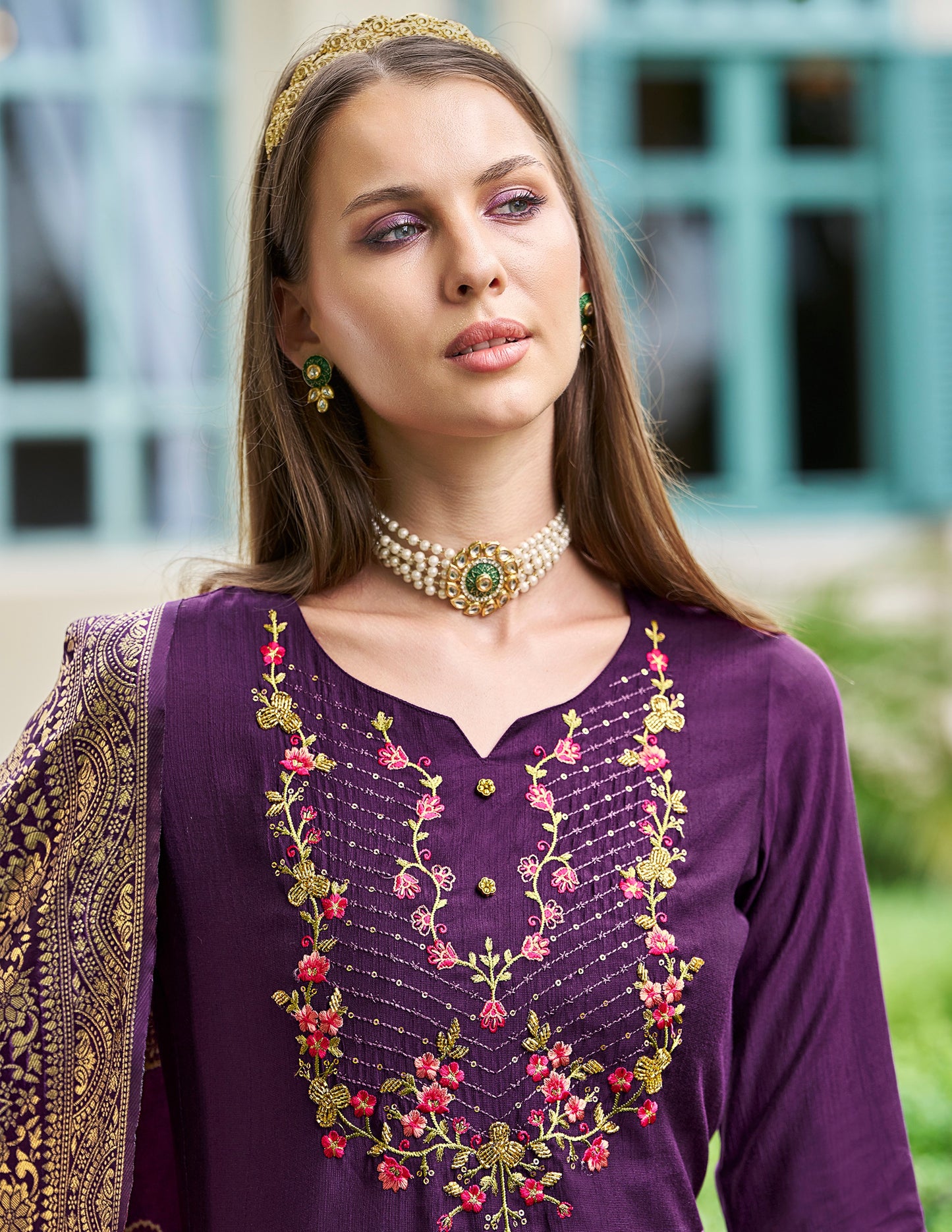 Purple straight embroidered Kurta along with Pants and Jacquard dupatta