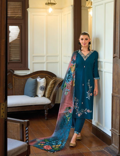 Peacock Blue straight embroidered Kurta along with Pants and printed organza dupatta