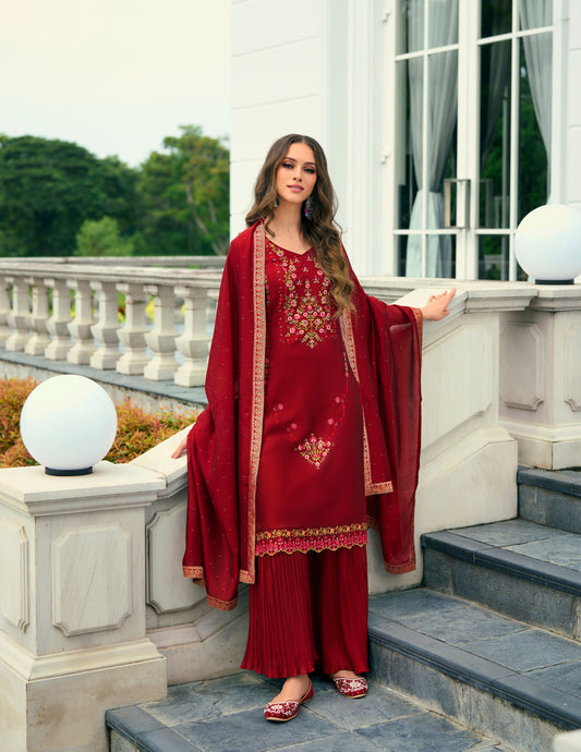 Red Printed Straight Kurta along with sharara and Silk Dupatta