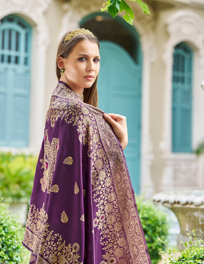 Purple straight embroidered Kurta along with Pants and Jacquard dupatta