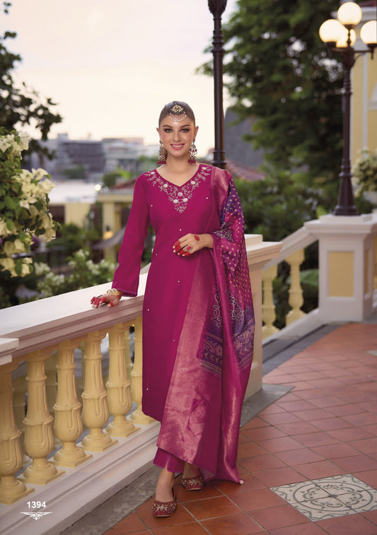 Ruby Pink straight embroidered Kurta along with Pants and jacquard dupatta