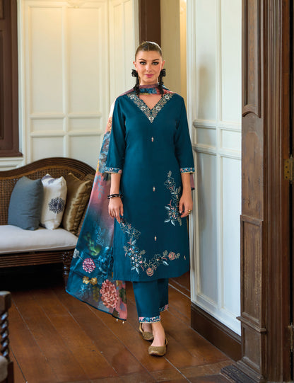 Peacock Blue straight embroidered Kurta along with Pants and printed organza dupatta