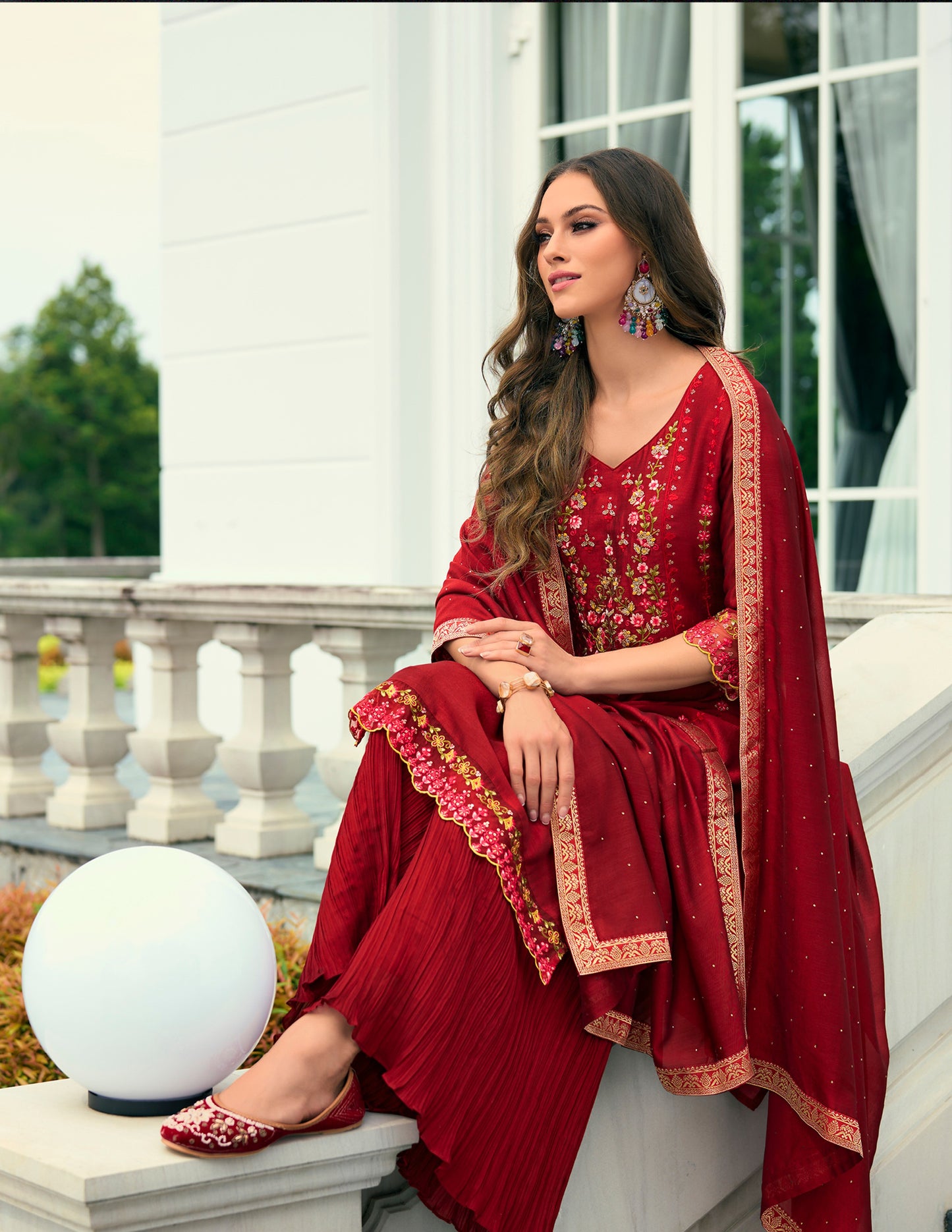 Red Printed Straight Kurta along with sharara and Silk Dupatta