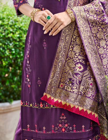 Purple straight embroidered Kurta along with Pants and Jacquard dupatta