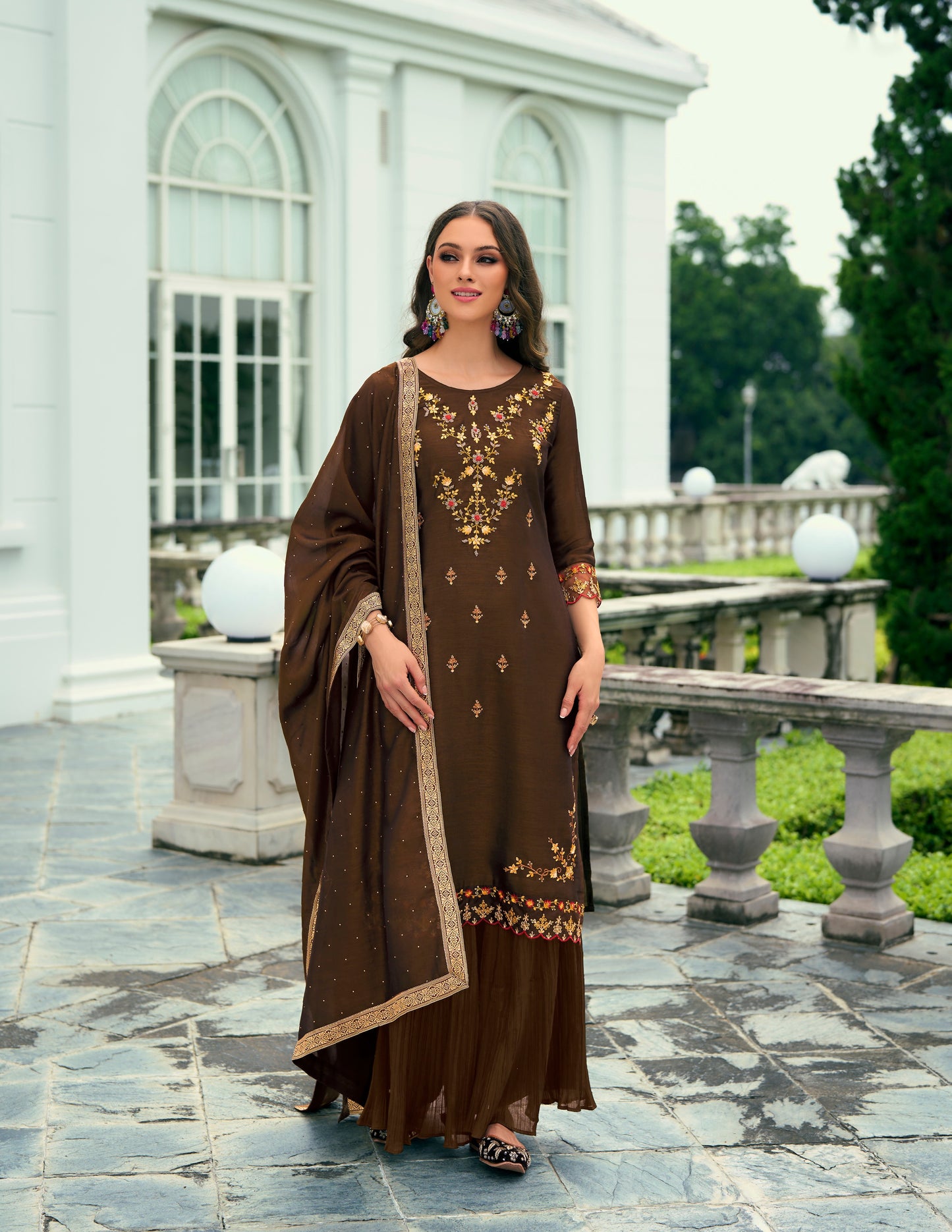 Dark Green Straight Kurta along with sharara and Silk Dupatta