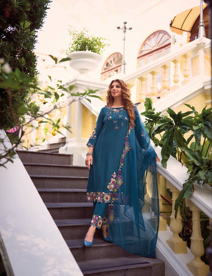 Peacock Blue straight embroidered Kurta along with Pants and embroidered organza dupatta