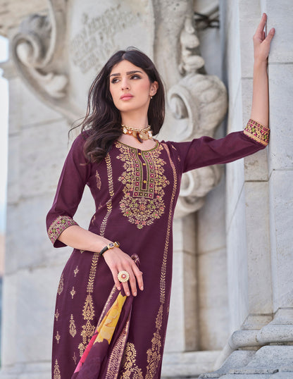 Maroon straight embroidered Kurta along with Pants and Silk dupatta