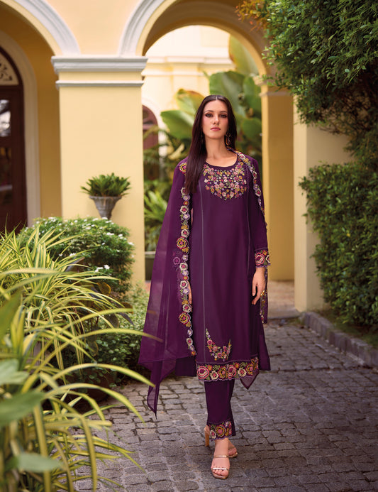 Purple straight embroidered Kurta along with Pants and embroidered organza Dupatta