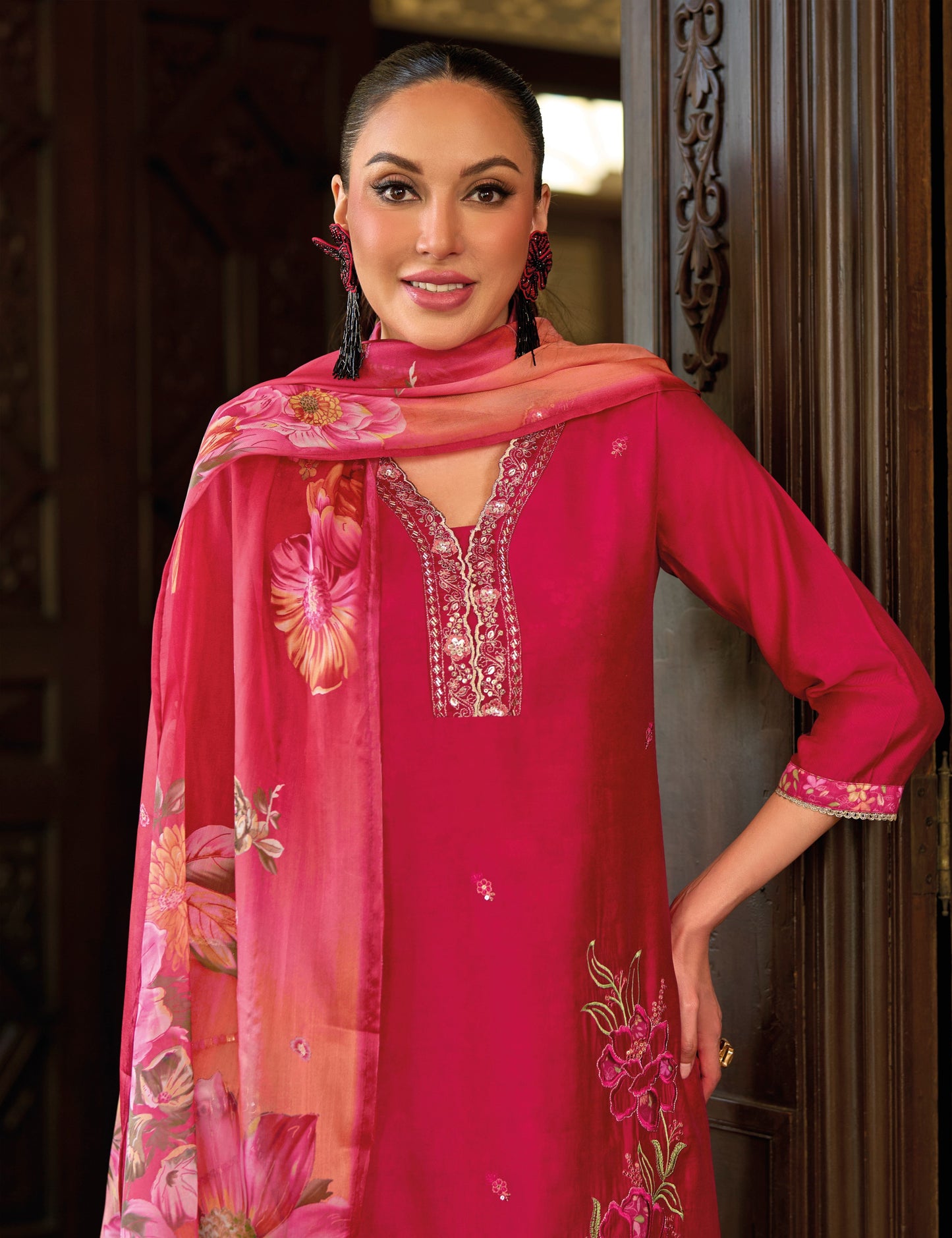 Red straight embroidered Kurta along with Pants and printed organza dupatta