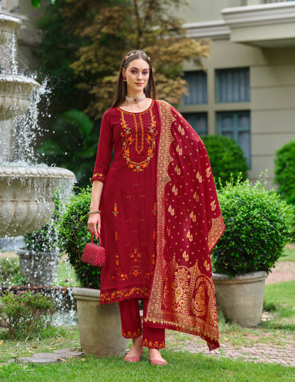 Dark Red straight embroidered Kurta along with Pants and Jacquard Dupatta