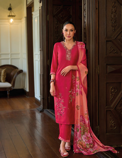 Red straight embroidered Kurta along with Pants and printed organza dupatta