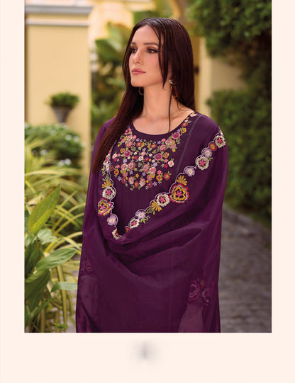 Purple straight embroidered Kurta along with Pants and embroidered organza Dupatta