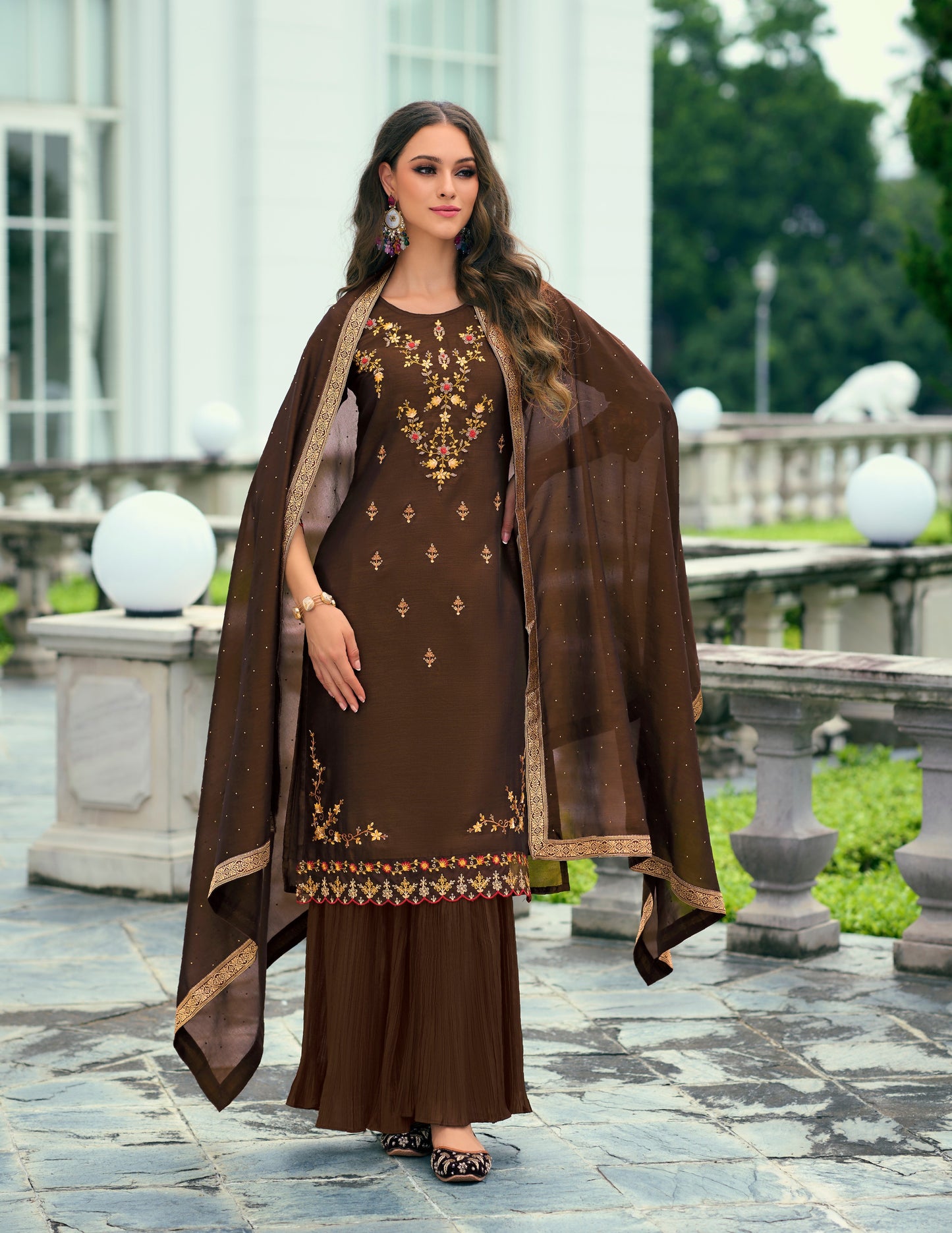 Dark Green Straight Kurta along with sharara and Silk Dupatta