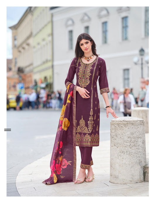 Maroon straight embroidered Kurta along with Pants and Silk dupatta