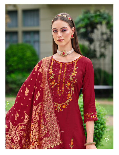 Dark Red straight embroidered Kurta along with Pants and Jacquard Dupatta