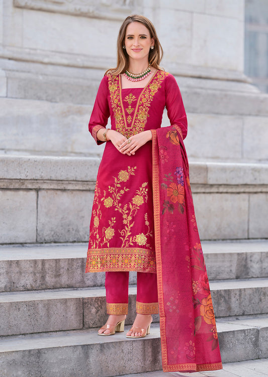 Red straight embroidered Kurta along with Pants and Silk dupatta