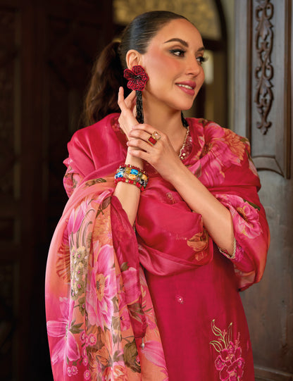 Red straight embroidered Kurta along with Pants and printed organza dupatta