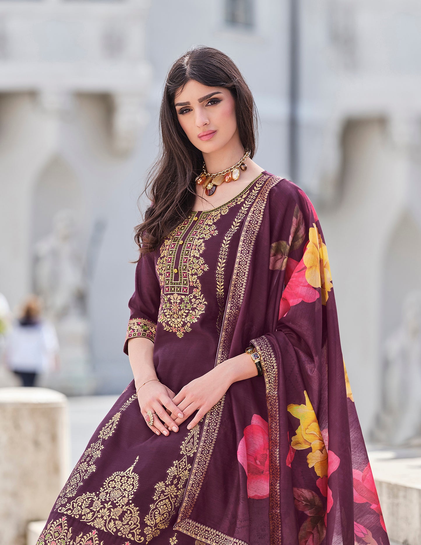 Maroon straight embroidered Kurta along with Pants and Silk dupatta