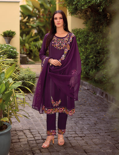 Purple straight embroidered Kurta along with Pants and embroidered organza Dupatta