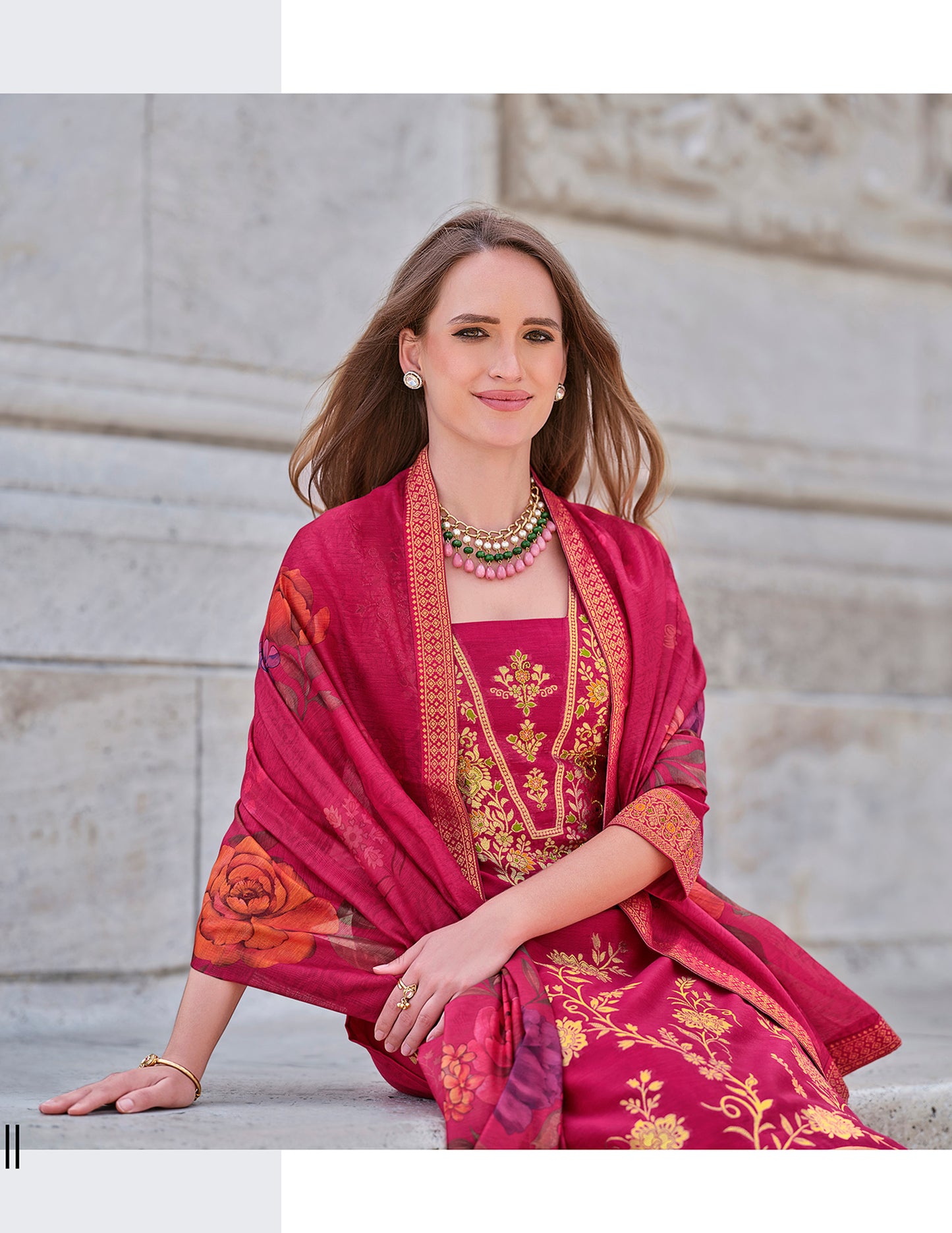 Red straight embroidered Kurta along with Pants and Silk dupatta