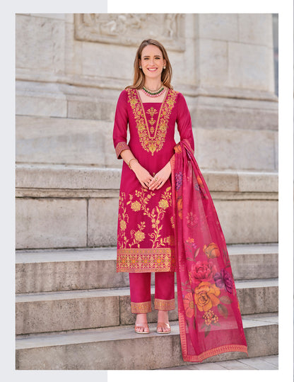 Red straight embroidered Kurta along with Pants and Silk dupatta