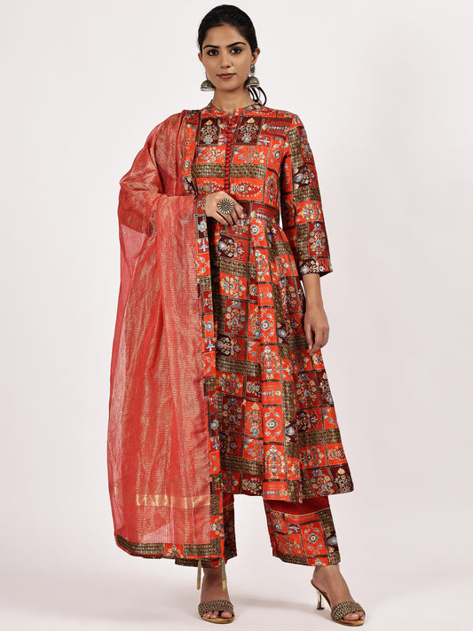 Red Printed Kurta Set