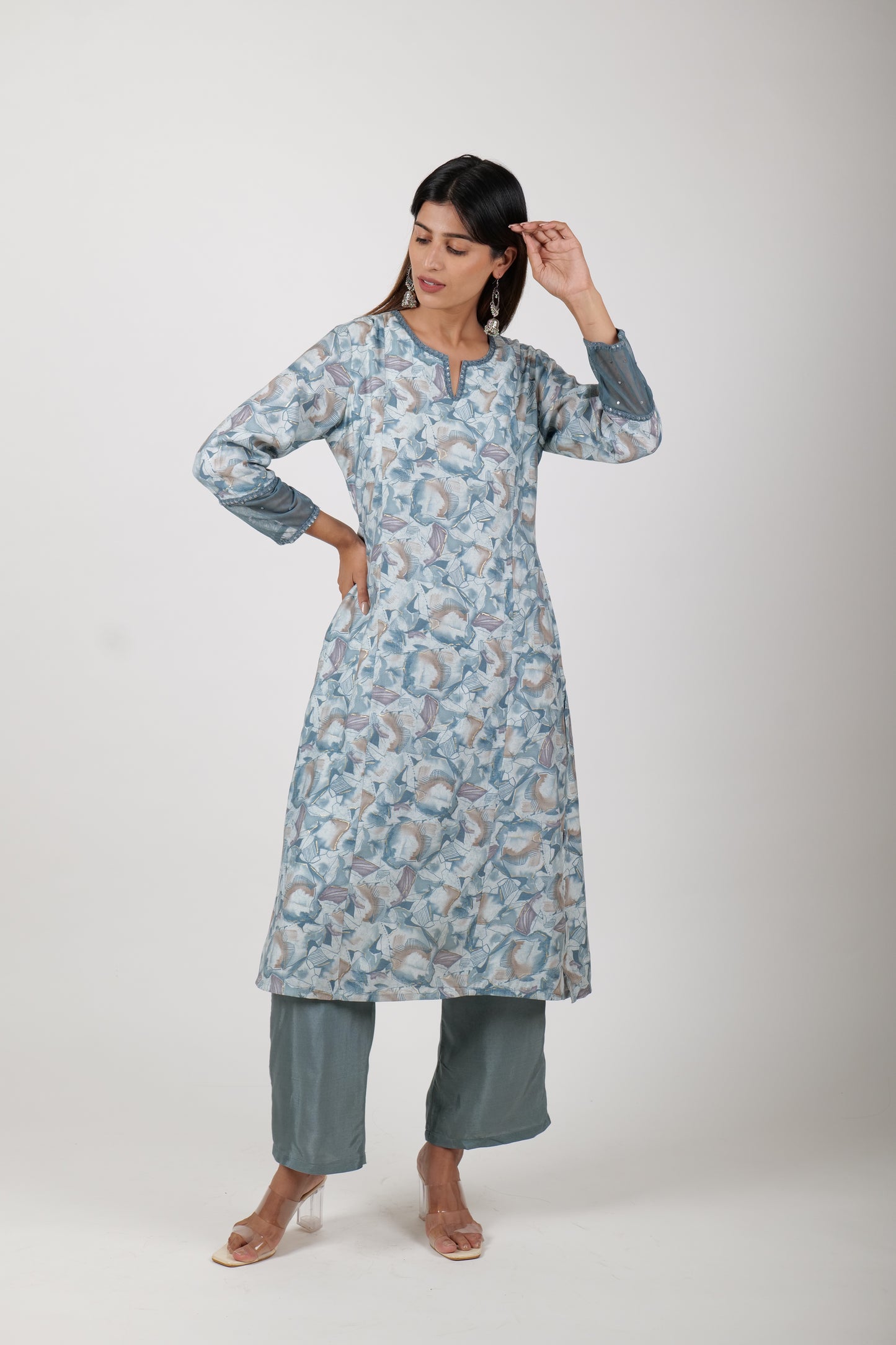 Straight Printed Powder Blue Kurta along with Pants and Embroidered chiffon Dupatta