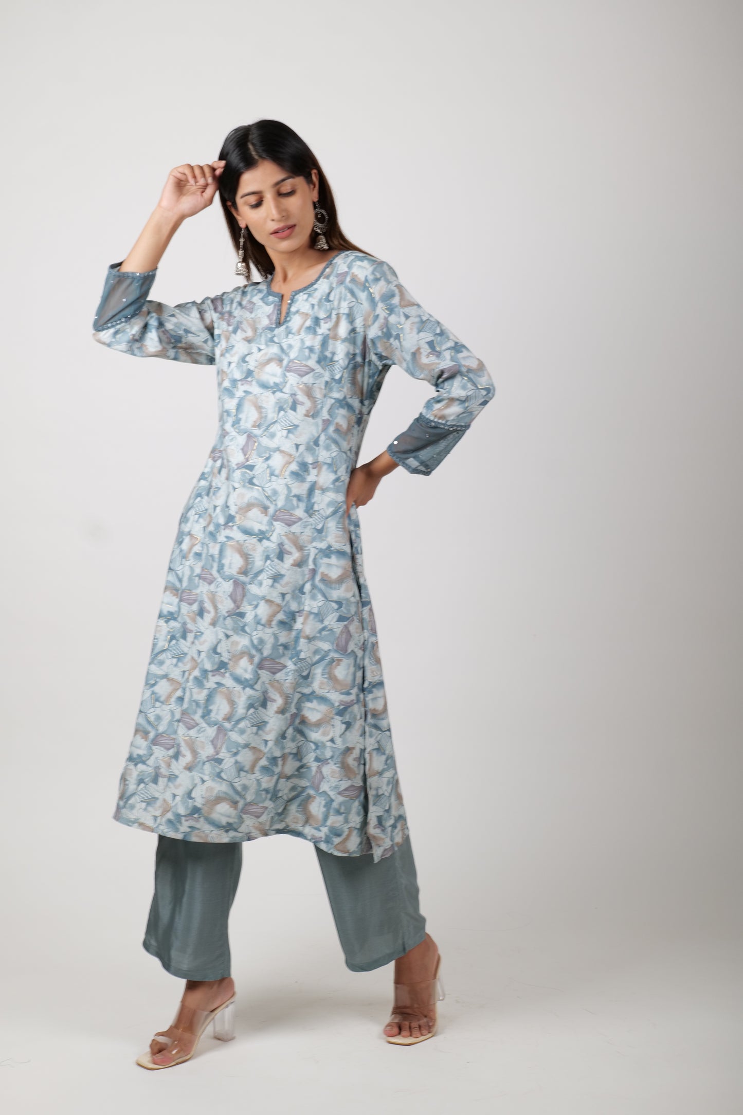 Straight Printed Powder Blue Kurta along with Pants and Embroidered chiffon Dupatta