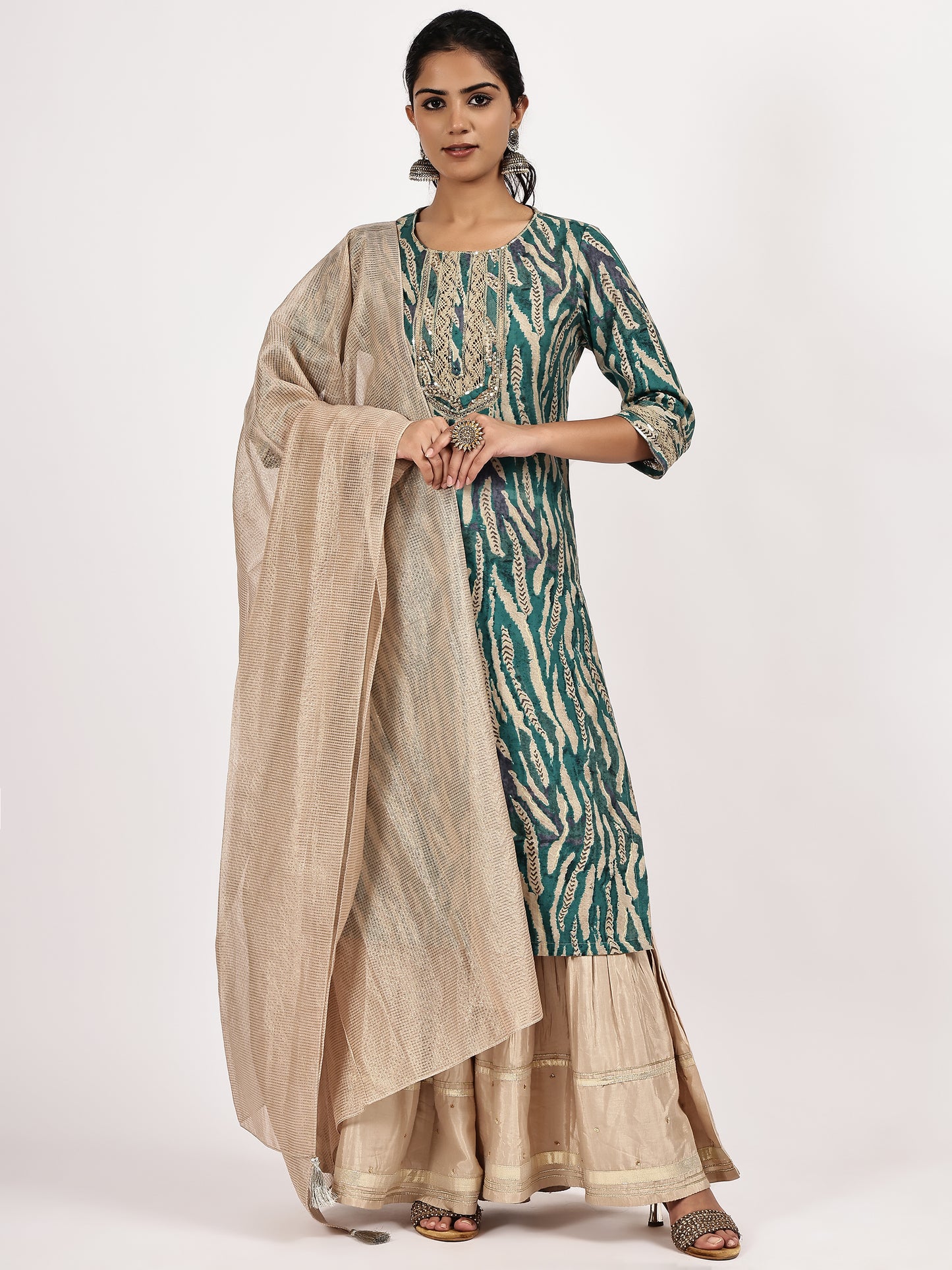 Teal Printed Kurta Set with Dupatta