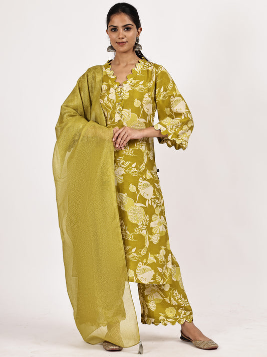 Mustard green printed Kurta Set