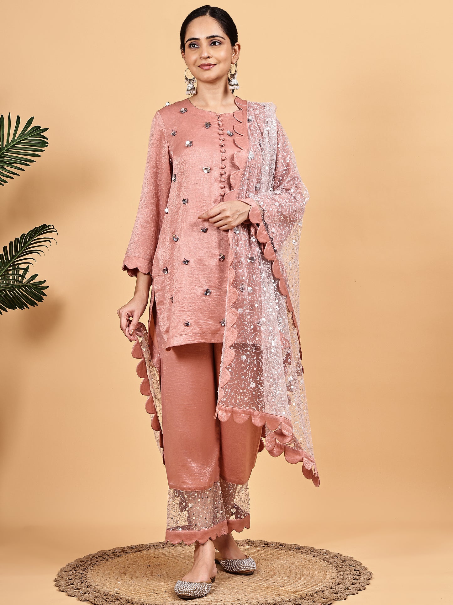 Blush pink  Embellished Kurta Set with Net Dupatta