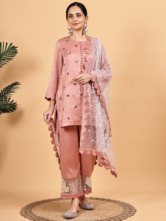 Blush pink  Embellished Kurta Set with Net Dupatta