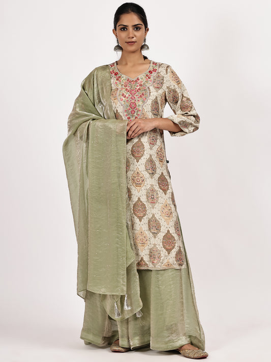 Beige  Kurta with Olive Sharara and Dupatta