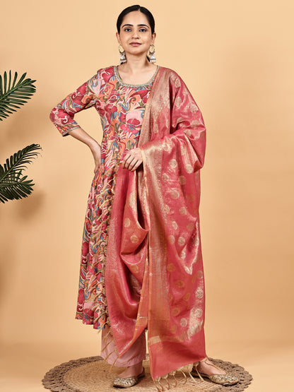 Multicolor Printed Kurta with Pink Banarasi Dupatta