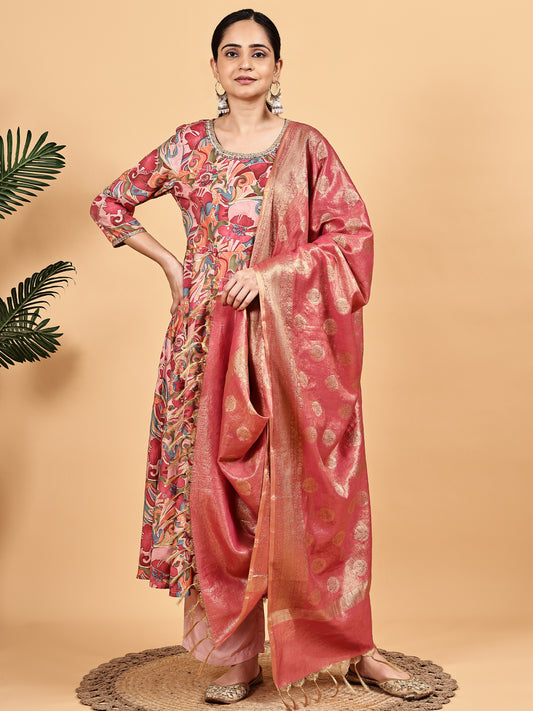 Multicolor Printed Kurta with Pink Banarasi Dupatta