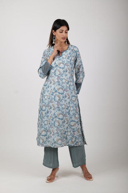 Straight Printed Powder Blue Kurta along with Pants and Embroidered chiffon Dupatta