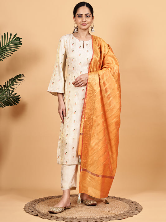 Off-White Kurta Pant Set with Contrast Dupatta