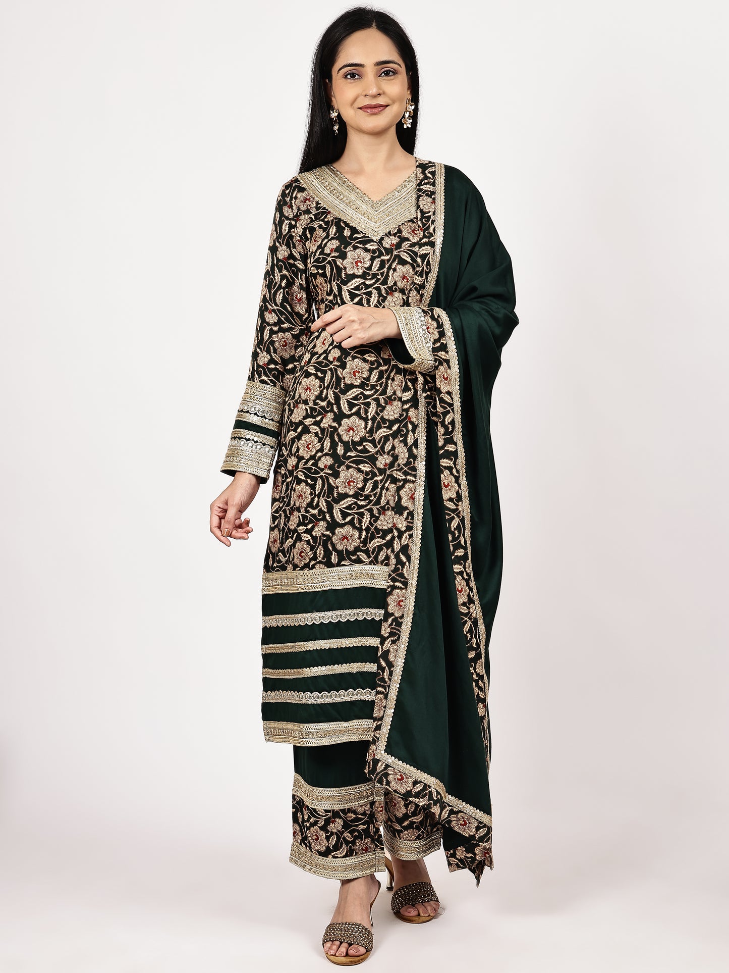 Floral Embroidered Kurta Set with Green Dupatta