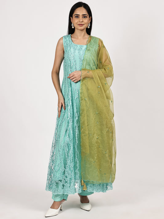 Aqua Blue Sleevles Embroidered Anarkali Set with Olive Organza Dupatta