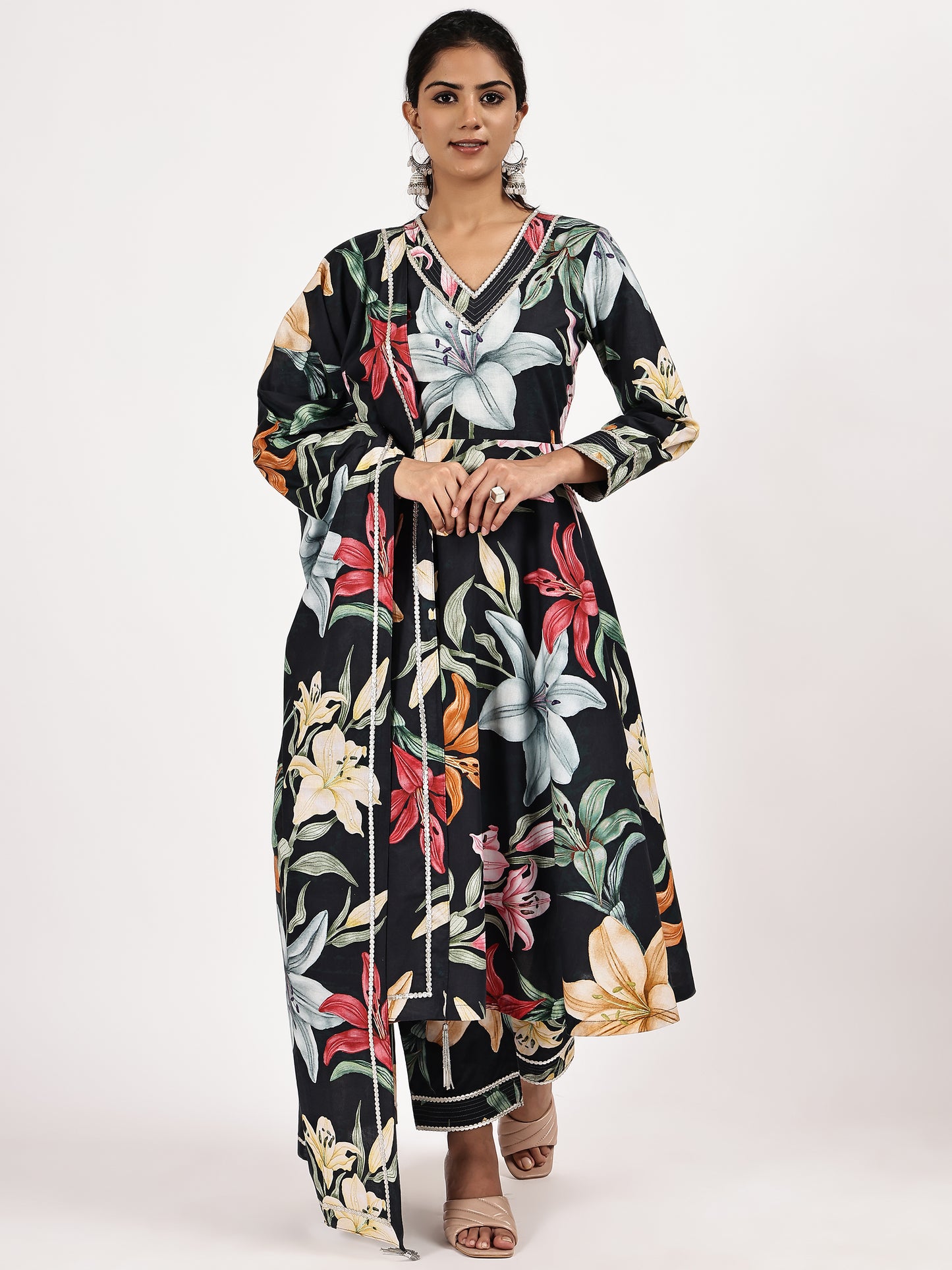 Black printed anarkali kurta set