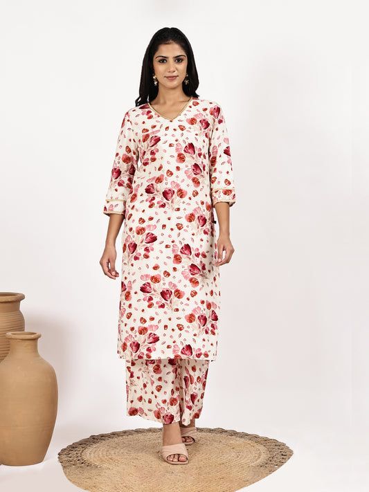 white Red Floral Print Kurta with Palazzo Set